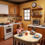 **A cozy home interior showcasing child safety measures.** The scene depicts a kitchen and living room. Focus on details like rounded table corners, outlet covers, a hot water kettle placed out of reach, and knives stored safely. A child plays under parental supervision. The overall atmosphere is warm, inviting, and secure.
