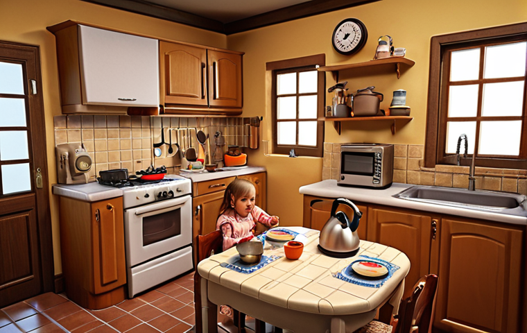 **A cozy home interior showcasing child safety measures.** The scene depicts a kitchen and living room. Focus on details like rounded table corners, outlet covers, a hot water kettle placed out of reach, and knives stored safely. A child plays under parental supervision. The overall atmosphere is warm, inviting, and secure.